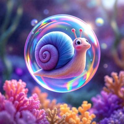 Primary subject: A cartoon-like, colorful, and whimsical illustration of a snail.

Setting/background: The snail is floating on a bubble, which is placed on top of a vibrant and colorful underwater scene.

Visual style: The image is a digital art or illustration, featuring a whimsical and playful design.

Colors and mood: The colors are predominantly pink, purple, and blue, creating a cheerful and l
